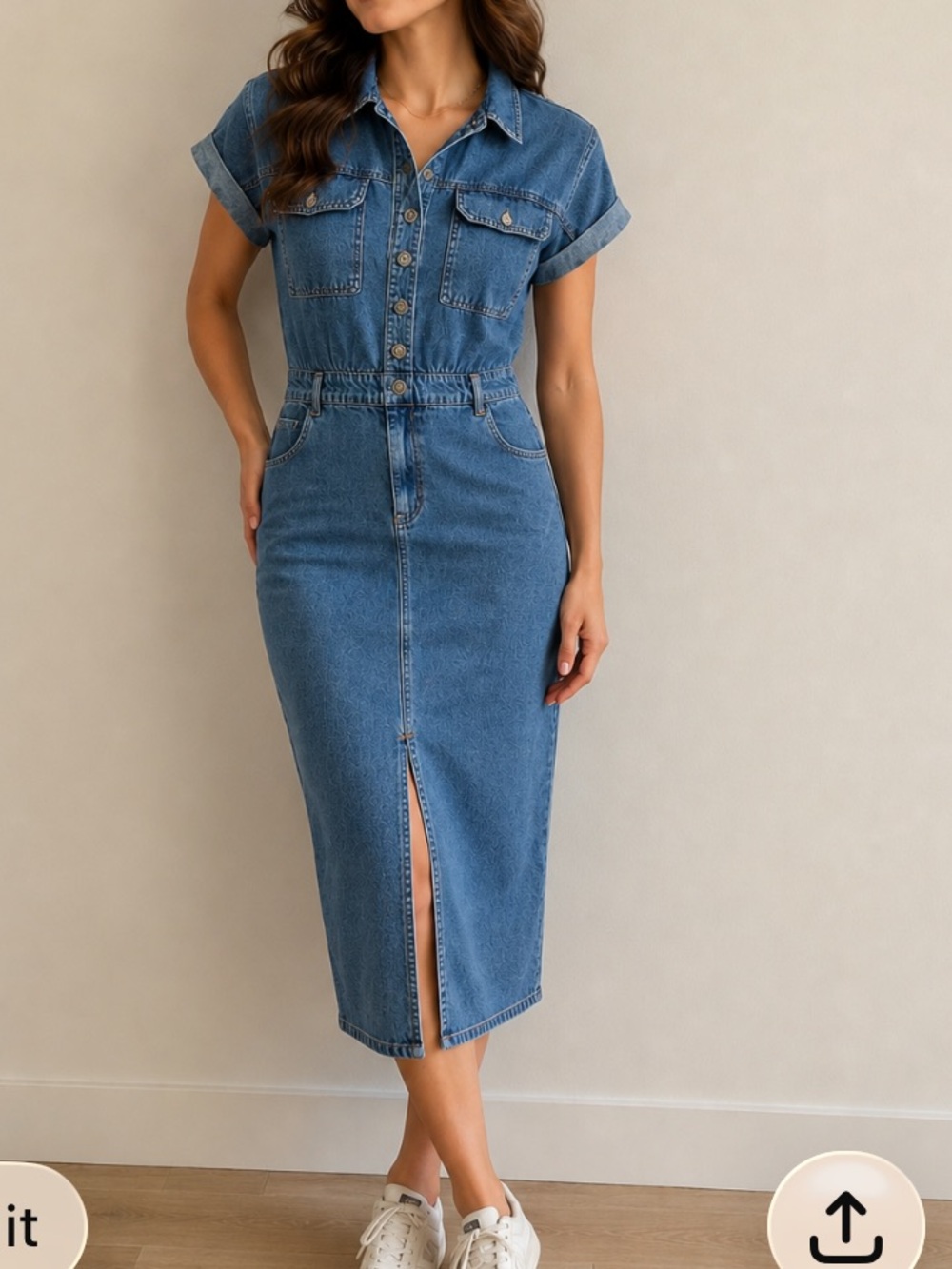 Given Kale Cottagecore Denim Midi Shirt‎ Dress with Front Slit - Blue